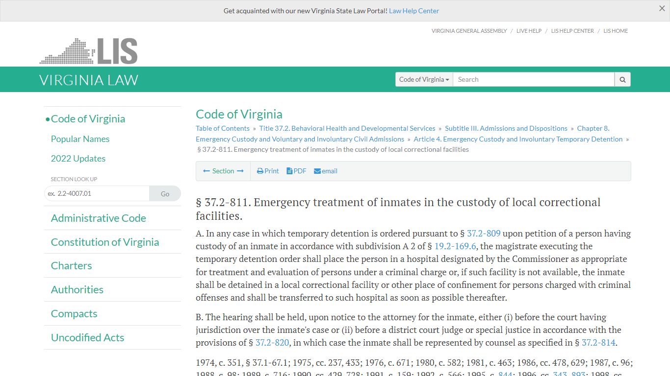 § 37.2-811. Emergency treatment of inmates in the custody ... - Virginia